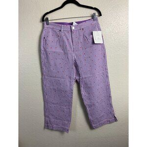 Liz Claiborne Women Cropped Pants Purple Gingham Plaid Floral Embroidered Size 8